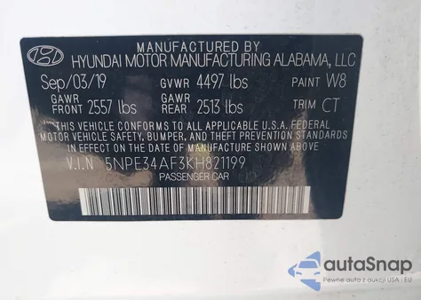2019 Hyundai Sonata Sport z USA, uszkodzony, nr VIN 5NPE34AF3KH821199